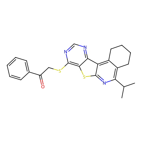 1-phenyl-2-{[5-(propan-2-yl)-1,2,3,4-tetrahydropyrimido[4',5':4,5]thieno[2,3-c]isoquinolin-8-yl]sulfanyl}ethanone structure