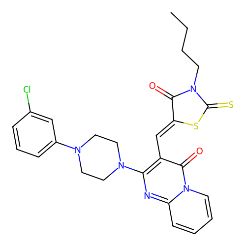 3-[(Z)-(3-butyl-4-oxo-2-thioxo-1,3-thiazolidin-5-ylidene)methyl]-2-[4-(3-chlorophenyl)piperazin-1-yl]-4H-pyrido[1,2-a]pyrimidin-4-one structure