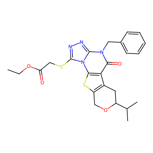 ethyl {[4-benzyl-5-oxo-7-(propan-2-yl)-4,5,6,9-tetrahydro-7H-pyrano[4',3':4,5]thieno[3,2-e][1,2,4]triazolo[4,3-a]pyrimidin-1-yl]sulfanyl}acetate structure