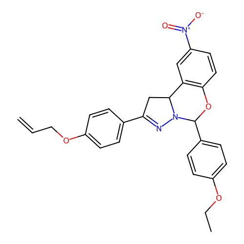 2-(4-(allyloxy)phenyl)-5-(4-ethoxyphenyl)-9-nitro-5,10b-dihydro-1H-benzo[e]pyrazolo[1,5-c][1,3]oxazine structure