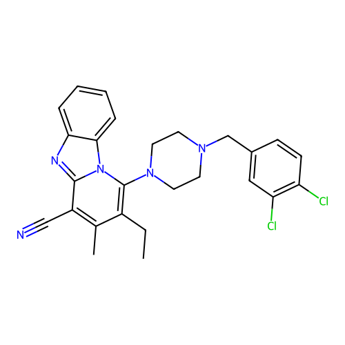 1-[4-(3,4-dichlorobenzyl)piperazin-1-yl]-2-ethyl-3-methylpyrido[1,2-a]benzimidazole-4-carbonitrile structure