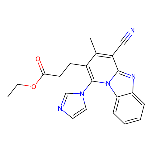 ethyl 3-(4-cyano-1-imidazol-1-yl-3-methylpyrido[1,2-a]benzimidazol-2-yl)propanoate structure