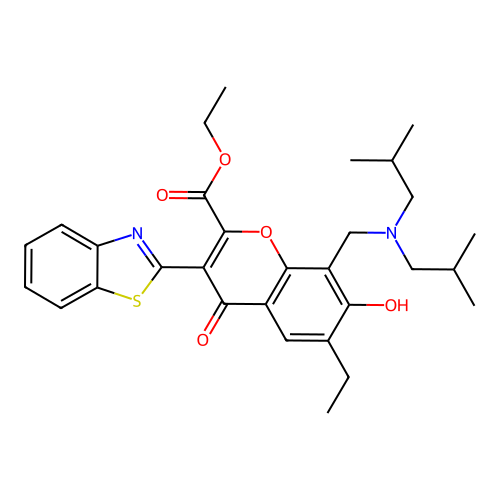 ethyl 3-(1,3-benzothiazol-2-yl)-8-[[bis(2-methylpropyl)amino]methyl]-6-ethyl-7-hydroxy-4-oxochromene-2-carboxylate structure