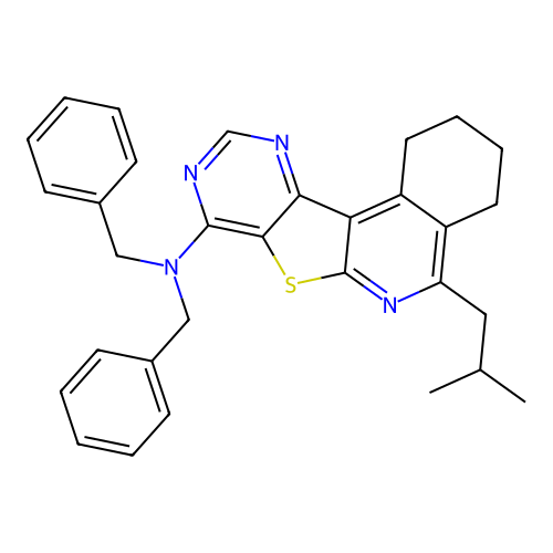N,N-dibenzyl-5-(2-methylpropyl)-1,2,3,4-tetrahydropyrimido[4',5':4,5]thieno[2,3-c]isoquinolin-8-amine structure