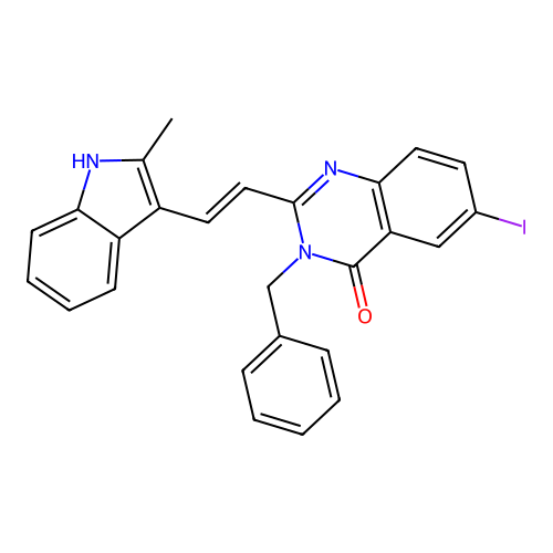 3-benzyl-6-iodo-2-[(E)-2-(2-methyl-1H-indol-3-yl)ethenyl]quinazolin-4(3H)-one structure