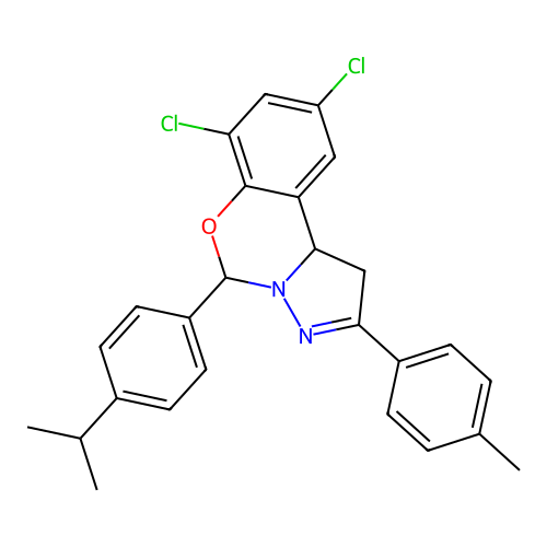 2,4-dichloro-6-[4-(methylethyl)phenyl]-9-(4-methylphenyl)-6H,10aH-benzo[e]2-py razolino[1,5-c]1,3-oxazine structure