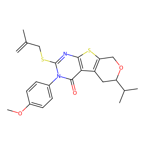 3-(4-methoxyphenyl)-2-[(2-methylprop-2-en-1-yl)sulfanyl]-6-(propan-2-yl)-3,5,6,8-tetrahydro-4H-pyrano[4',3':4,5]thieno[2,3-d]pyrimidin-4-one structure