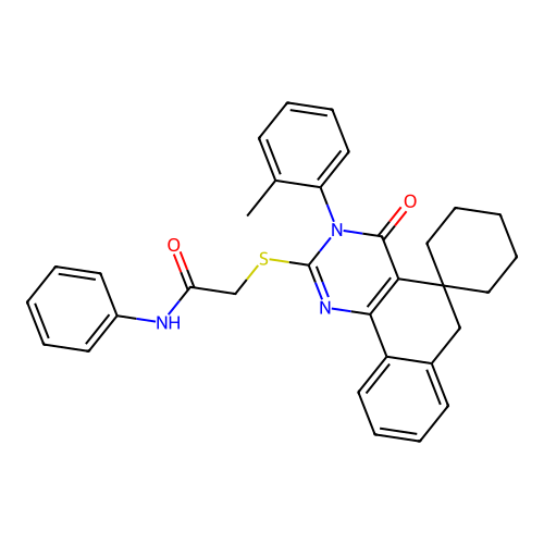 2-((4-oxo-3-(o-tolyl)-4,6-dihydro-3H-spiro[benzo[h]quinazoline-5,1'-cyclohexan]-2-yl)thio)-N-phenylacetamide structure