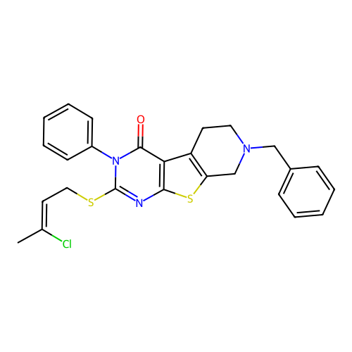 (Z)-7-benzyl-2-((3-chlorobut-2-en-1-yl)thio)-3-phenyl-5,6,7,8-tetrahydropyrido[4',3':4,5]thieno[2,3-d]pyrimidin-4(3H)-one structure