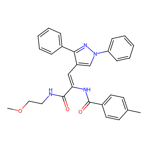 N-{(1Z)-1-(1,3-diphenyl-1H-pyrazol-4-yl)-3-[(2-methoxyethyl)amino]-3-oxoprop-1-en-2-yl}-4-methylbenzamide structure