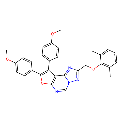 2-[(2,6-dimethylphenoxy)methyl]-8,9-bis(4-methoxyphenyl)furo[3,2-e][1,2,4]triazolo[1,5-c]pyrimidine structure