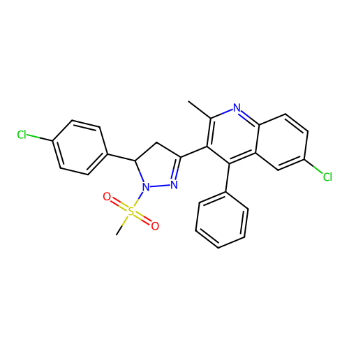 6-chloro-3-(5-(4-chlorophenyl)-1-(methylsulfonyl)-4,5-dihydro-1H-pyrazol-3-yl)-2-methyl-4-phenylquinoline structure