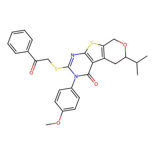 3-(4-methoxyphenyl)-2-[(2-oxo-2-phenylethyl)sulfanyl]-6-(propan-2-yl)-3,5,6,8-tetrahydro-4H-pyrano[4',3':4,5]thieno[2,3-d]pyrimidin-4-one structure