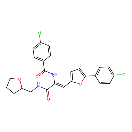 4-chloro-N-{(1Z)-1-[5-(4-chlorophenyl)furan-2-yl]-3-oxo-3-[(tetrahydrofuran-2-ylmethyl)amino]prop-1-en-2-yl}benzamide structure