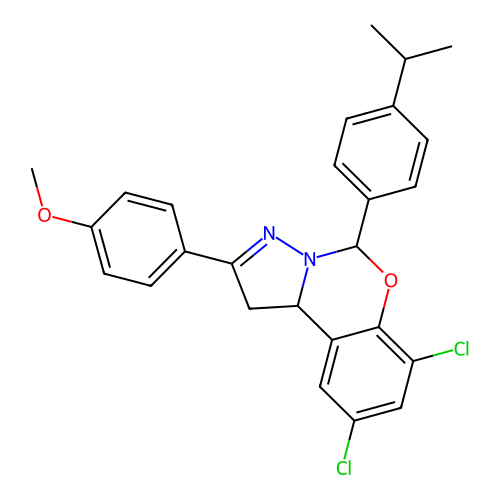 1-{2,4-dichloro-6-[4-(methylethyl)phenyl](6H,10aH-benzo[e]2-pyrazolino[1,5-c]1 ,3-oxazin-9-yl)}-4-methoxybenzene structure