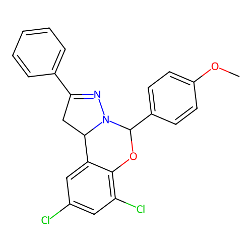 7,9-dichloro-5-(4-methoxyphenyl)-2-phenyl-1,10b-dihydropyrazolo[1,5-c][1,3]benzoxazine structure