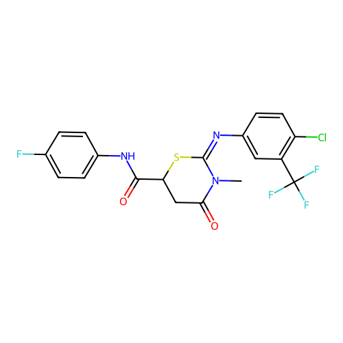 (2Z)-2-{[4-chloro-3-(trifluoromethyl)phenyl]imino}-N-(4-fluorophenyl)-3-methyl-4-oxo-1,3-thiazinane-6-carboxamide structure