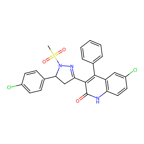 6-chloro-3-(5-(4-chlorophenyl)-1-(methylsulfonyl)-4,5-dihydro-1H-pyrazol-3-yl)-4-phenylquinolin-2(1H)-one structure