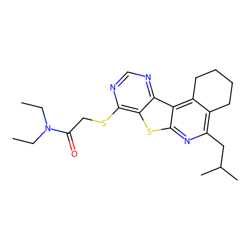 N,N-diethyl-2-((5-isobutyl-1,2,3,4-tetrahydropyrimido[4',5':4,5]thieno[2,3-c]isoquinolin-8-yl)thio)acetamide structure