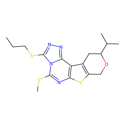 10-isopropyl-5-(methylthio)-3-(propylthio)-10,11-dihydro-8H-pyrano[4',3':4,5]thieno[3,2-e][1,2,4]triazolo[4,3-c]pyrimidine structure