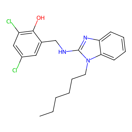 2,4-dichloro-6-{[(1-hexyl-1H-benzimidazol-2-yl)amino]methyl}phenol structure
