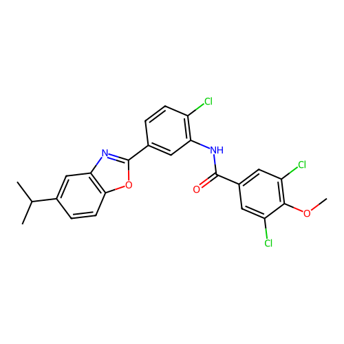 3,5-dichloro-N-(2-chloro-5-(5-isopropylbenzo[d]oxazol-2-yl)phenyl)-4-methoxybenzamide structure
