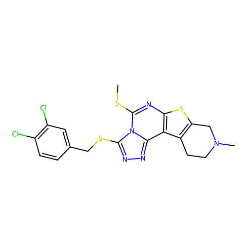 3-((3,4-dichlorobenzyl)thio)-9-methyl-5-(methylthio)-8,9,10,11-tetrahydropyrido[4',3':4,5]thieno[3,2-e][1,2,4]triazolo[4,3-c]pyrimidine structure