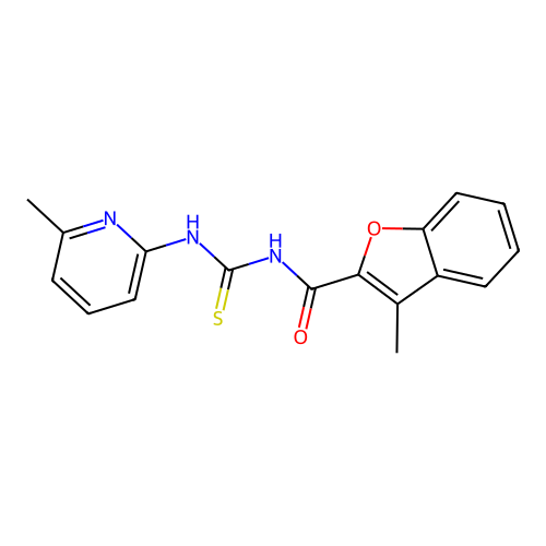 3-methyl-N-[(6-methylpyridin-2-yl)carbamothioyl]-1-benzofuran-2-carboxamide structure