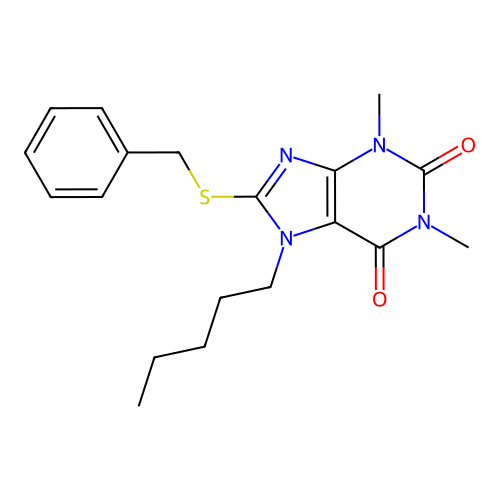 8-(benzylsulfanyl)-1,3-dimethyl-7-pentyl-3,7-dihydro-1H-purine-2,6-dione structure