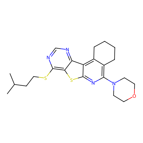 4-(8-(isopentylthio)-1,2,3,4-tetrahydropyrimido[4',5':4,5]thieno[2,3-c]isoquinolin-5-yl)morpholine structure