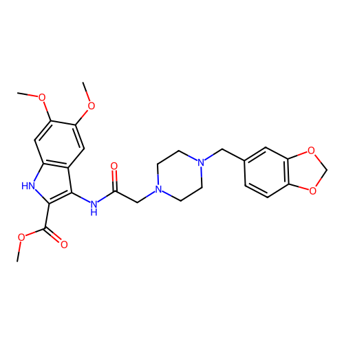 methyl 3-({[4-(1,3-benzodioxol-5-ylmethyl)piperazin-1-yl]acetyl}amino)-5,6-dimethoxy-1H-indole-2-carboxylate structure