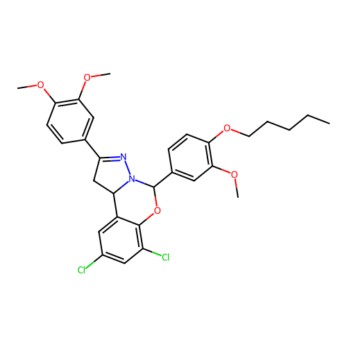 4-[2,4-dichloro-6-(3-methoxy-4-pentyloxyphenyl)(6H,10aH-benzo[e]2-pyrazolino[1 ,5-c]1,3-oxazin-9-yl)]-1,2-dimethoxybenzene structure