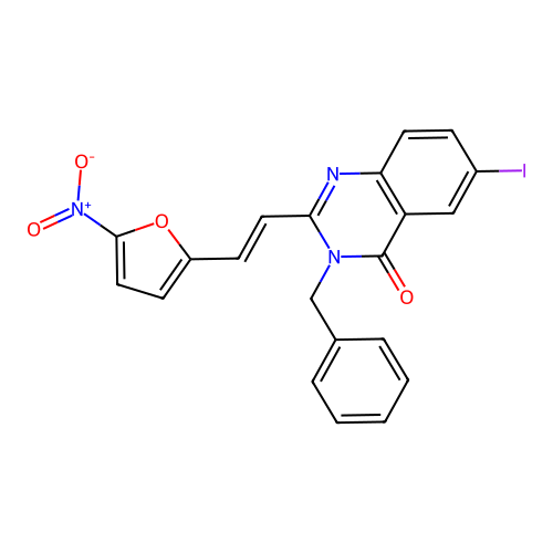 3-benzyl-6-iodo-2-[(E)-2-(5-nitrofuran-2-yl)ethenyl]quinazolin-4-one structure
