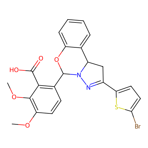 6-(2-(5-bromothiophen-2-yl)-5,10b-dihydro-1H-benzo[e]pyrazolo[1,5-c][1,3]oxazin-5-yl)-2,3-dimethoxybenzoic acid structure