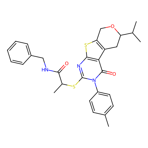 N-benzyl-2-((6-isopropyl-4-oxo-3-(p-tolyl)-4,5,6,8-tetrahydro-3H-pyrano[4',3':4,5]thieno[2,3-d]pyrimidin-2-yl)thio)propanamide structure