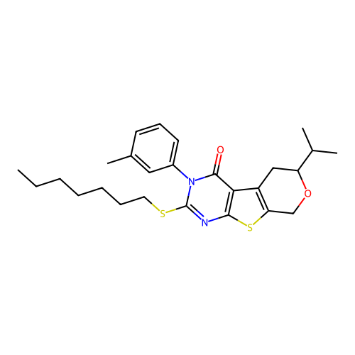 2-(heptylsulfanyl)-3-(3-methylphenyl)-6-(propan-2-yl)-3,5,6,8-tetrahydro-4H-pyrano[4',3':4,5]thieno[2,3-d]pyrimidin-4-one structure