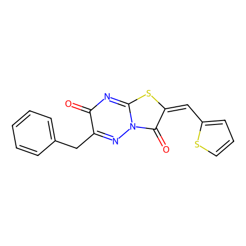 (E)-6-benzyl-2-(thiophen-2-ylmethylene)-2H-thiazolo[3,2-b][1,2,4]triazine-3,7-dione structure
