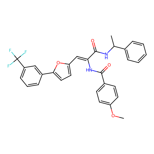 4-methoxy-N-[(1Z)-3-oxo-3-[(1-phenylethyl)amino]-1-{5-[3-(trifluoromethyl)phenyl]furan-2-yl}prop-1-en-2-yl]benzamide structure