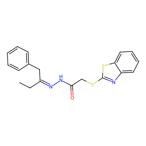 2-(benzo[d]thiazol-2-ylthio)-N'-(1-phenylbutan-2-ylidene)acetohydrazide structure