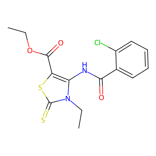 ethyl 4-(2-chlorobenzamido)-3-ethyl-2-thioxo-2,3-dihydrothiazole-5-carboxylate structure