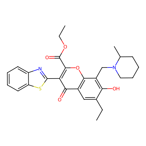 3-Benzothiazol-2-yl-6-ethyl-7-hydroxy-8-(2-methyl-piperidin-1-ylmethyl)-4-oxo-4H-chromene-2-carboxylic acid ethyl ester structure