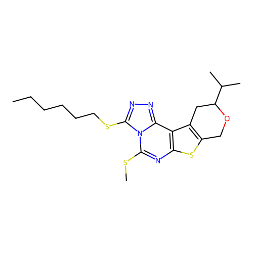 3-(hexylsulfanyl)-5-(methylsulfanyl)-10-(propan-2-yl)-10,11-dihydro-8H-pyrano[4',3':4,5]thieno[3,2-e][1,2,4]triazolo[4,3-c]pyrimidine structure