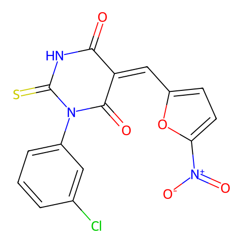 (5Z)-1-(3-chlorophenyl)-5-[(5-nitrofuran-2-yl)methylidene]-2-sulfanylidene-1,3-diazinane-4,6-dione structure