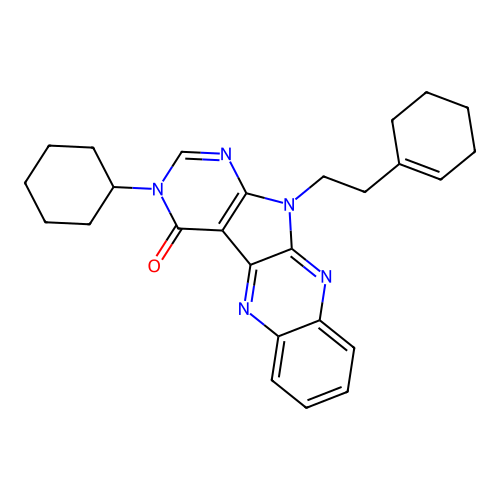 11-(2-(cyclohex-1-en-1-yl)ethyl)-3-cyclohexyl-3H-pyrimido[5',4':4,5]pyrrolo[2,3-b]quinoxalin-4(11H)-one structure