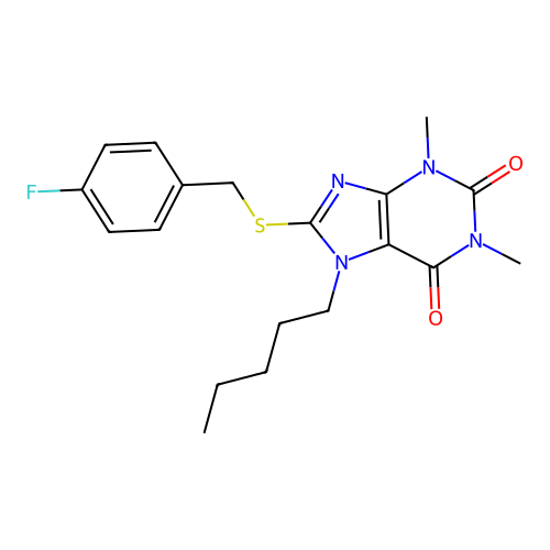 8-[(4-fluorophenyl)methylsulfanyl]-1,3-dimethyl-7-pentyl-purine-2,6-dione structure