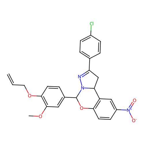 2-(4-chlorophenyl)-5-(3-methoxy-4-prop-2-enoxyphenyl)-9-nitro-5,10b-dihydro-1H-pyrazolo[1,5-c][1,3]benzoxazine structure