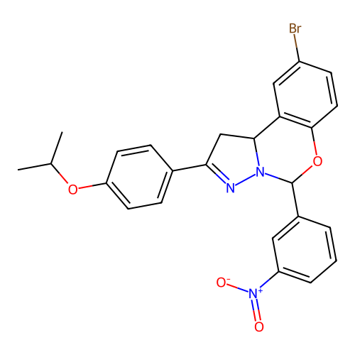 9-bromo-2-(4-isopropoxyphenyl)-5-(3-nitrophenyl)-5,10b-dihydro-1H-benzo[e]pyrazolo[1,5-c][1,3]oxazine structure