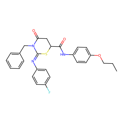 (2Z)-3-benzyl-2-[(4-fluorophenyl)imino]-4-oxo-N-(4-propoxyphenyl)-1,3-thiazinane-6-carboxamide structure