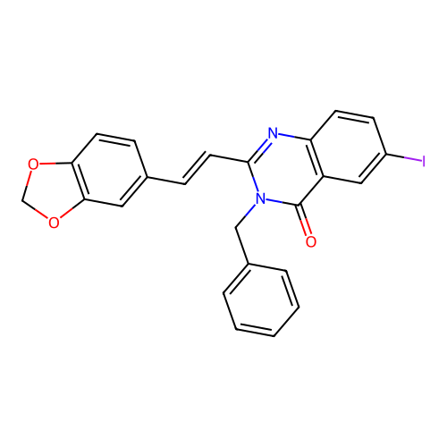 2-[(E)-2-(1,3-benzodioxol-5-yl)ethenyl]-3-benzyl-6-iodoquinazolin-4(3H)-one structure