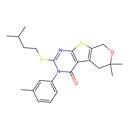2-(ISOPENTYLSULFANYL)-6,6-DIMETHYL-3-(3-METHYLPHENYL)-3,5,6,8-TETRAHYDRO-4H-PYRANO[4',3':4,5]THIENO[2,3-D]PYRIMIDIN-4-ONE structure